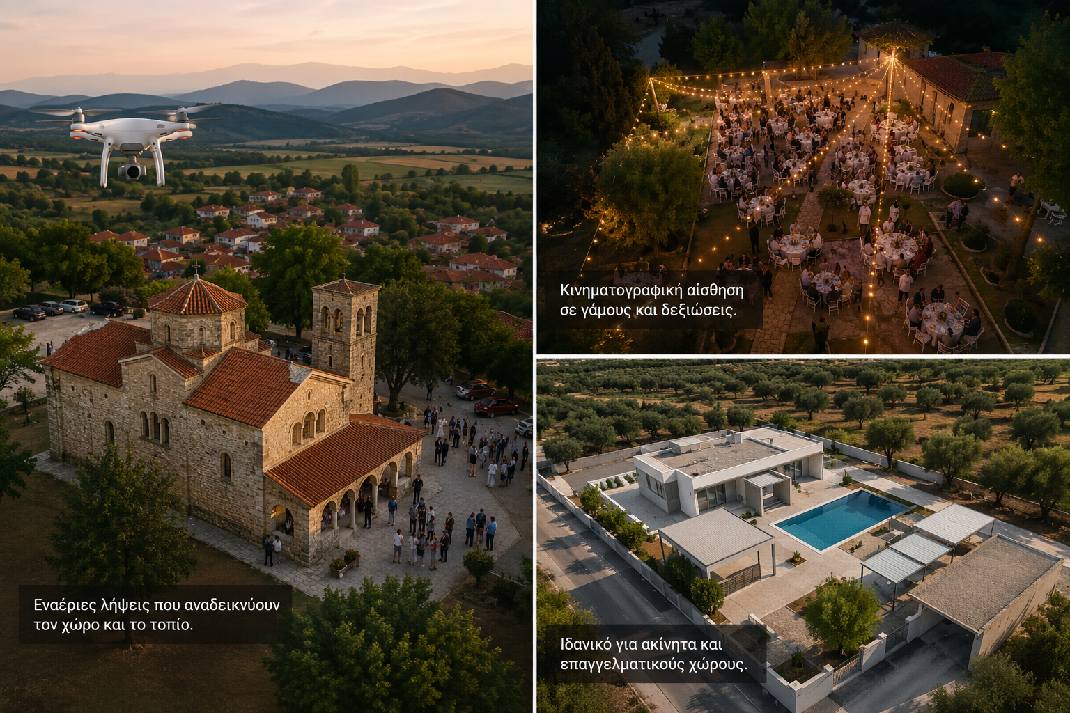 Παραδείγματα εναέριων λήψεων σε γάμο, δεξίωση και ακίνητο